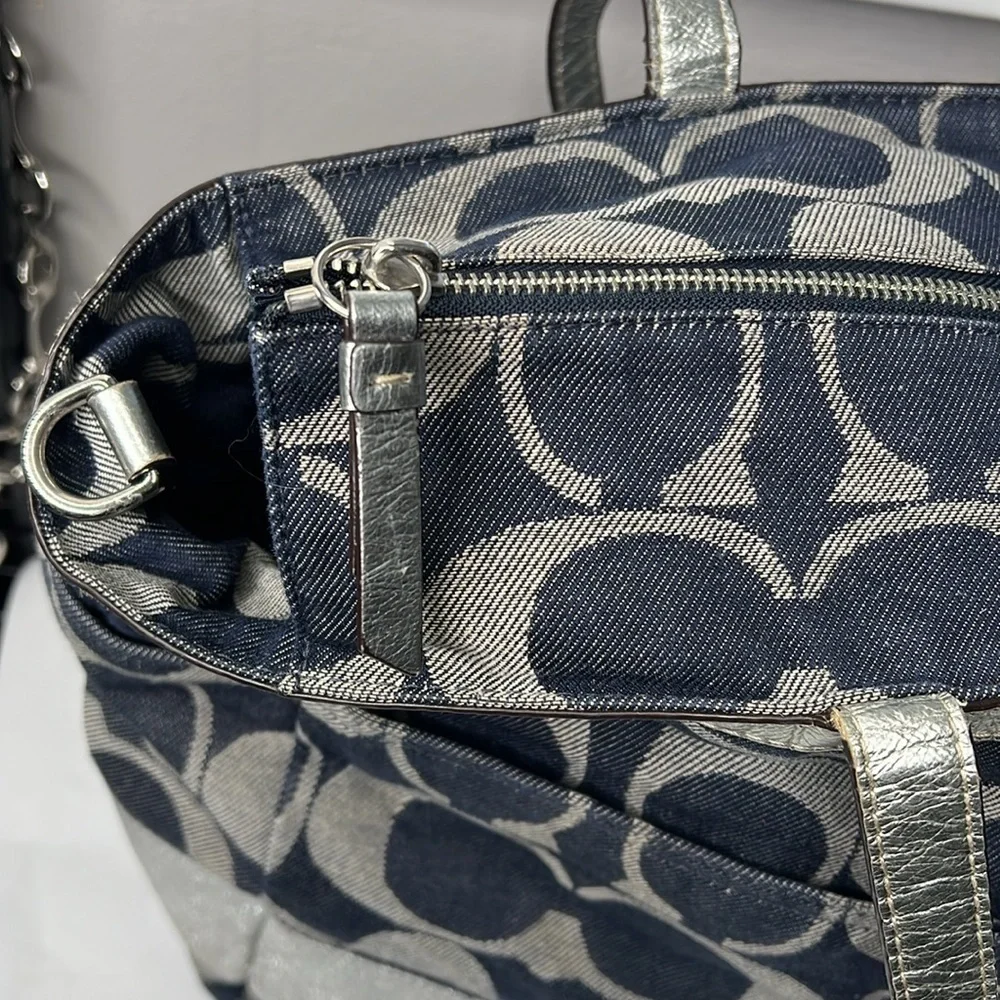 Coach XL Denim Blue and Silver Leather Zip Top Diaper Tote Travel Bag